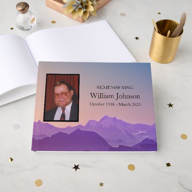 Mountains at Dusk Funeral Memorial Photo Guest Book (Front Open)