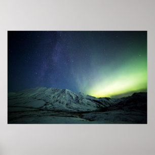 Mountains Aurora Borealis & Milky Way Alaska Poster
