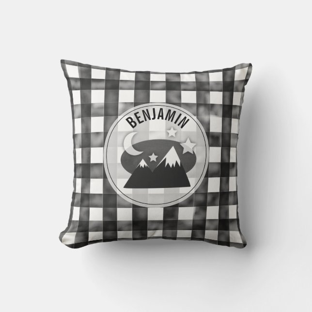 Mountains Black And White Gingham Nursery Cushion (Front)