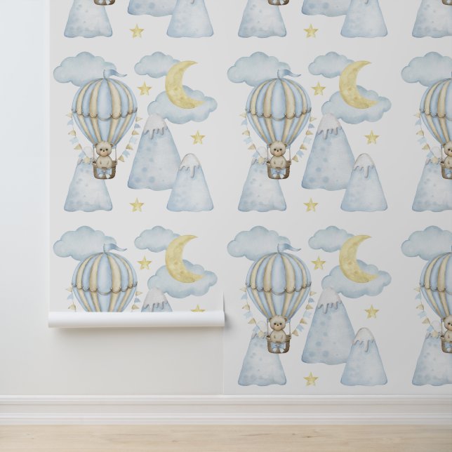 Mountains Blue Hot Air Balloon Bear Moon Clouds Wallpaper (Application)