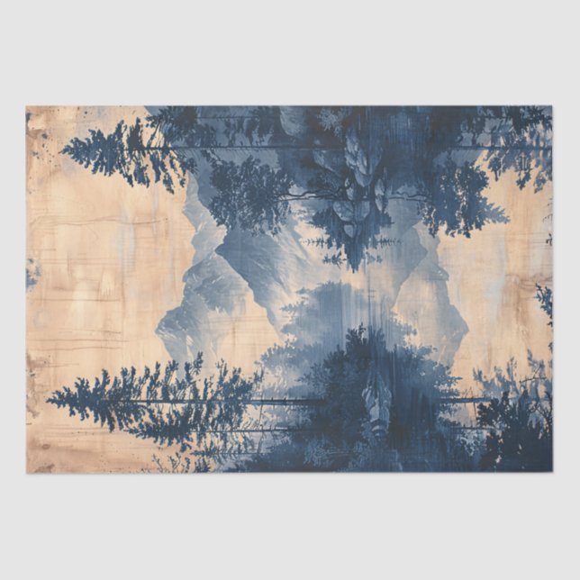 Mountains Blue Ink Painting Chinoiserie Decoupage Tissue Paper (Front)