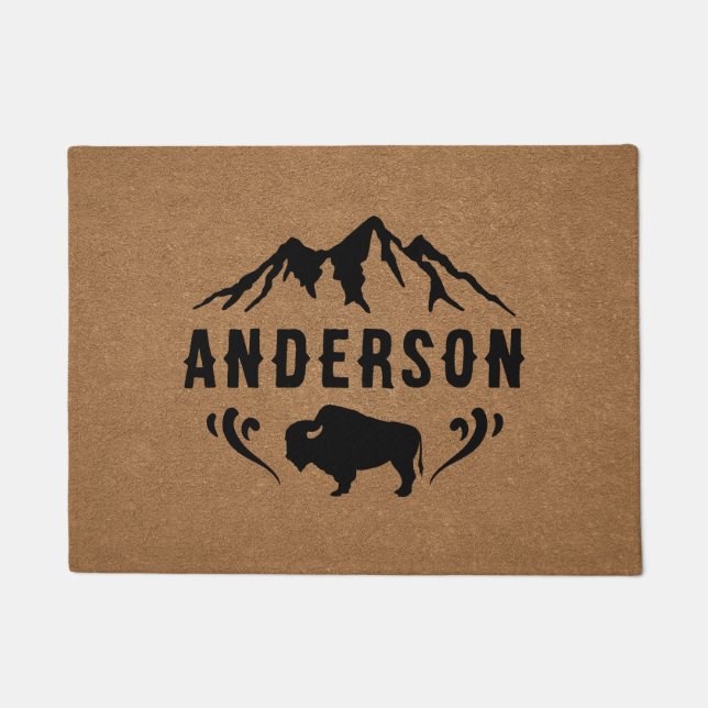 Mountains Buffalo Bison Personalised Family Name Doormat (Front)