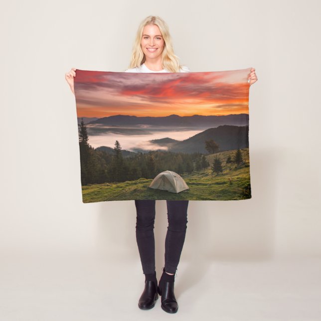 Mountains | Camping Foggy Sunrise Fleece Blanket (In Situ)