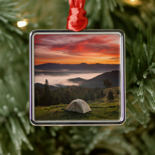 Mountains   Camping Foggy Sunrise Metal Tree Decoration