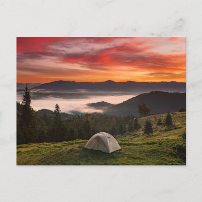 Mountains | Camping Foggy Sunrise Postcard (Front)