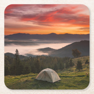 Mountains Camping Foggy Sunrise Square Paper Coaster