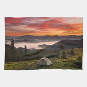 Mountains   Camping Foggy Sunrise Tea Towel