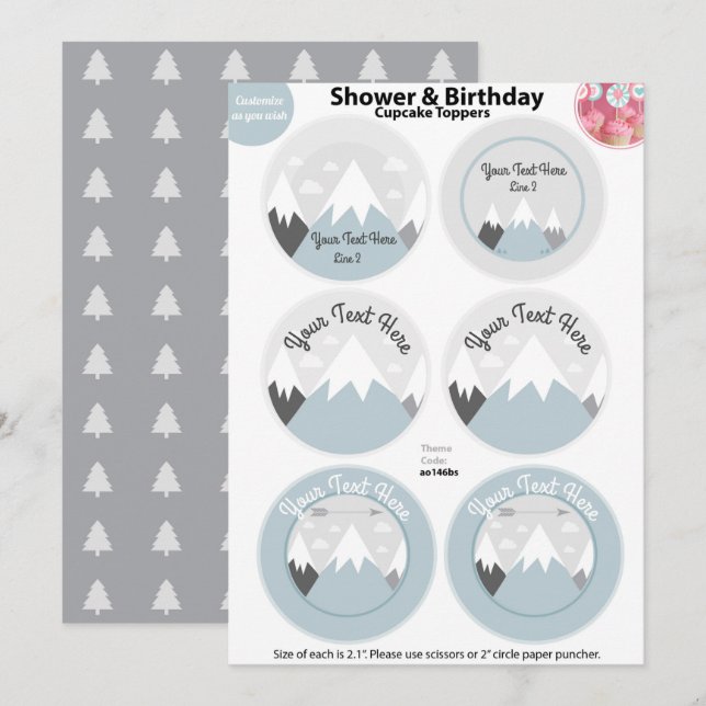 Mountains Cupcake Toppers, Baby Shower Invitation (Front/Back)