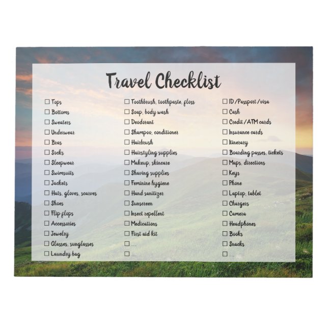 Mountains Customisable Travel Packing Checklist Notepad (Front)