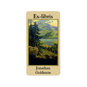 Mountains, deer, trees, bookplate label