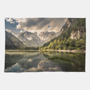 Mountains Dürrensee Lake, Dolomites, Italy Tea Towel