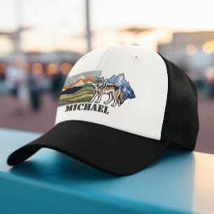 Mountains Faux Patches Wolf Personalised Gift Trucker Hat