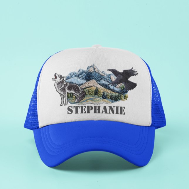 Mountains Faux Patches Wolf Raven Personalised Trucker Hat (Creator Uploaded)