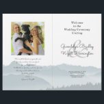Mountains Folded Wedding Photo Program Template<br><div class="desc">Misty mountains folded wedding program template with a photo area. Blue-grey mountain scenery covers the bottom third of the paper on all the pages. Customise text on front and back of 8.5 x 11 inch paper that will be folded in half after purchase. The photo of the couple will appear...</div>