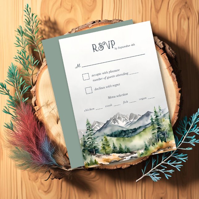 Mountains Forest Adventure Begins Rustic Wedding RSVP Card (Creator Uploaded)