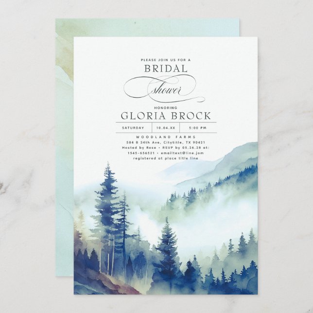 Mountains Forest Fog Evening Boho Bridal Shower Invitation (Front/Back)