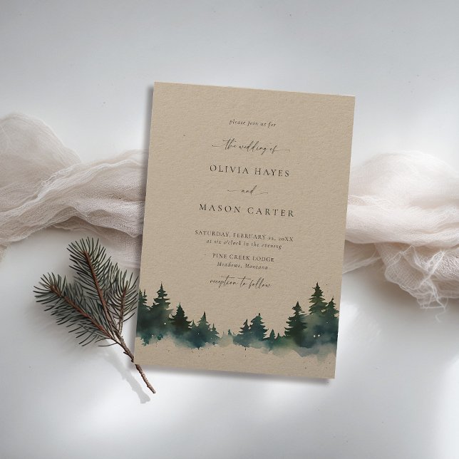 Mountains Forest Outdoor Rustic Kraft Wedding Invitation (mountains wedding invitation rustic outdoors forest pine scene watercolor elegant winter kraft)