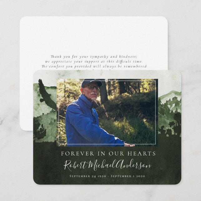 Mountains Forever in Our Hearts Photo Funeral Thank You Card (Front/Back)