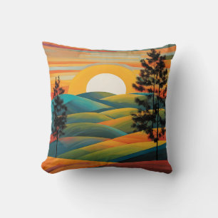 Mountains Hills Trees Sunset Sunrise Cushion