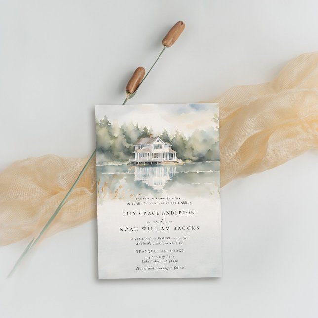 Mountains Lake House Scenic View Romantic Wedding Invitation (mountains lake house wedding invitation rustic outdoors river watercolor scene modern classy)