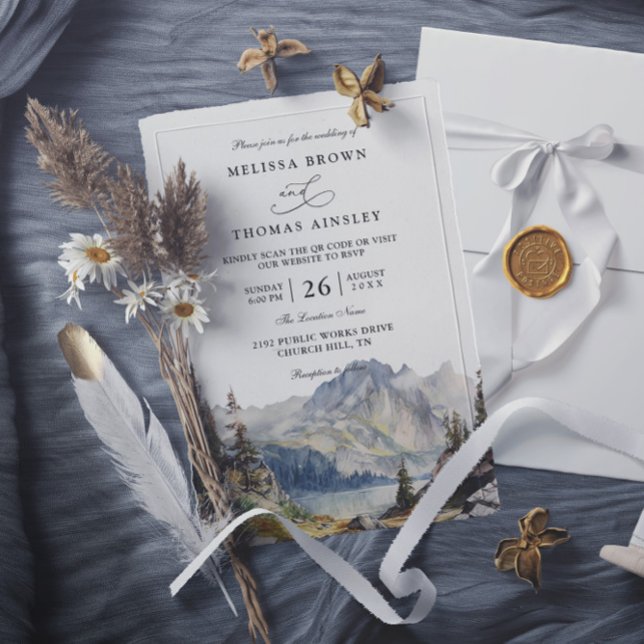 Mountains lake Rustic Elegant QR Code Wedding Invitation (Creator Uploaded)