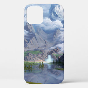 Mountains lake waterfall digital art 3D illustrati iPhone 12 Case