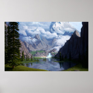 Mountains lake waterfall digital art 3D illustrati Poster