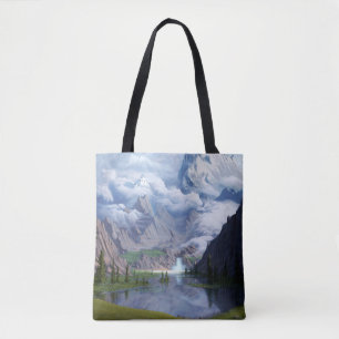 Mountains lake waterfall digital art 3D illustrati Tote Bag