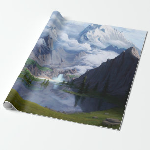 Mountains lake waterfall digital art 3D illustrati Wrapping Paper