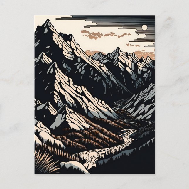Mountains Landscape Vintage Travel Linocut Art Postcard (Front)
