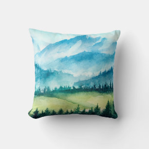 Mountains landscape. Watercolor illustration. Cushion