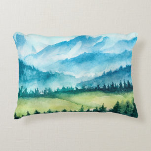 Mountains landscape. Watercolor illustration. Decorative Cushion