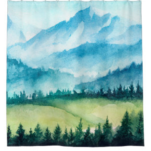 Mountains landscape. Watercolor illustration. Shower Curtain