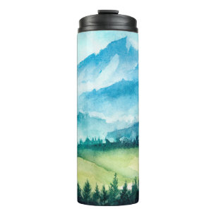 Mountains landscape. Watercolor illustration. Thermal Tumbler
