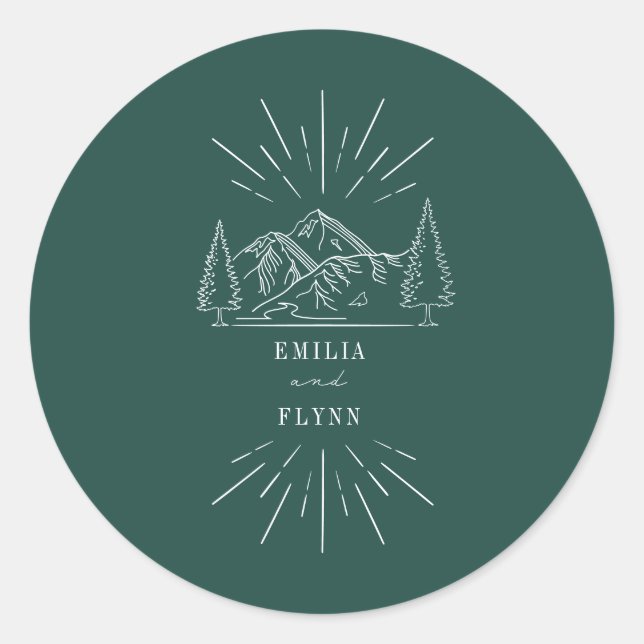 Mountains Line Art Emerald Wedding Classic Round S Classic Round Sticker (Front)