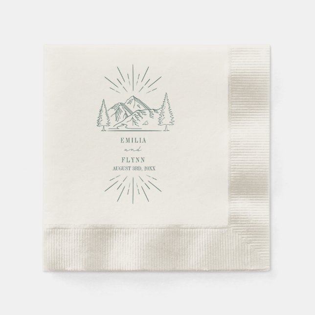 Mountains Line Art Emerald Wedding Napkin (Front)