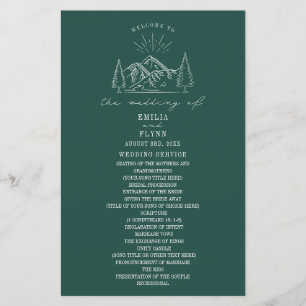 Mountains Line Art Emerald Wedding Program