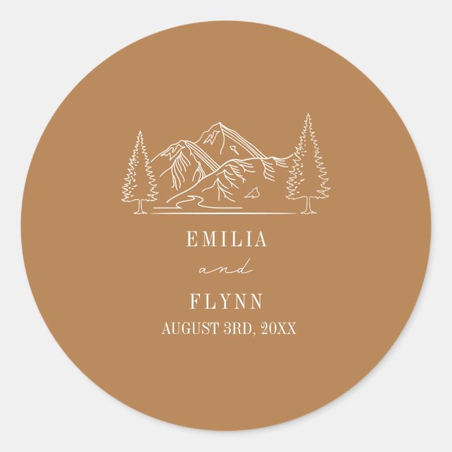 Mountains Line Art Goldenrod Wedding Classic Round Sticker (Front)