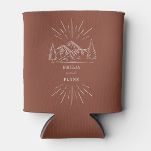 Mountains Line Art Terracotta Wedding Can Cooler