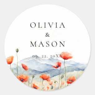 Mountains Meadow Summer Poppies Romantic Wedding Classic Round Sticker