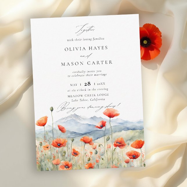 Mountains Meadow Summer Poppies Romantic Wedding Invitation (wildflower wedding invitation mountain outdoors rustic red poppies meadow watercolor elegant design)