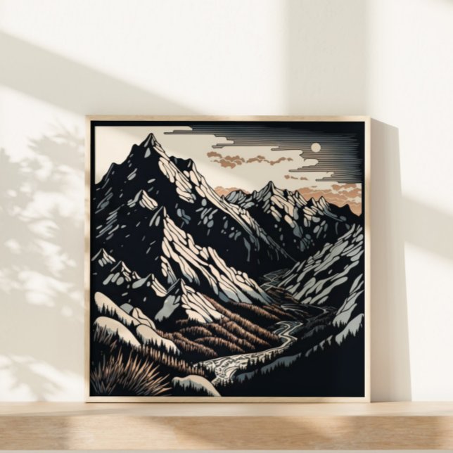 Mountains Nature Landscape Vintage Travel Linocut  Poster (A small print perfect for small spaces.)
