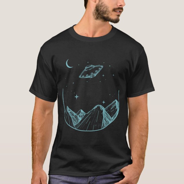 Mountains Night Sky UFO T-Shirt (Front)