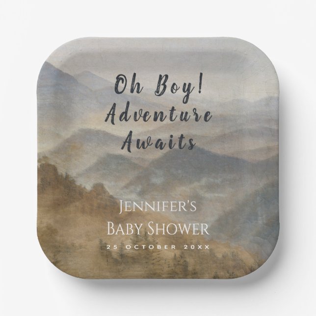 Mountains Oh Boy Adventure Awaits Baby Shower Paper Plate (Front)