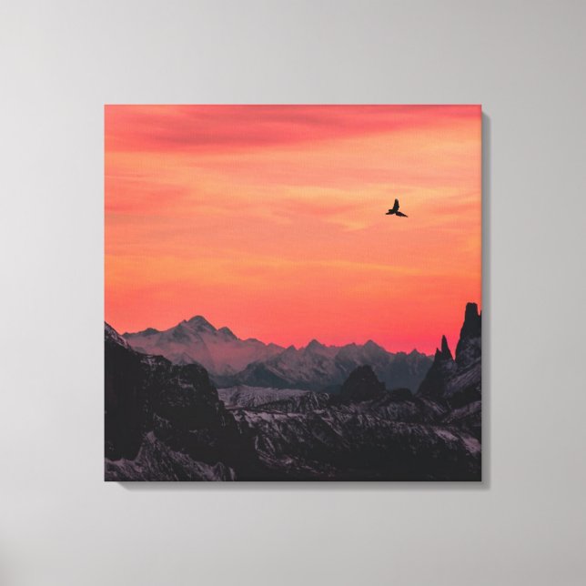 Mountains Orange Sunset Bird in Sky Canvas Print (Front)