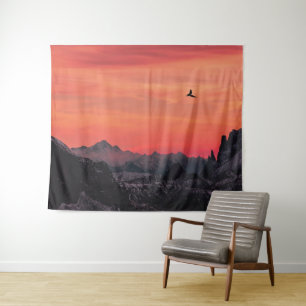 Mountains Orange Sunset Bird in Sky Tapestry