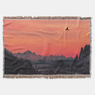 Mountains Orange Sunset Bird in Sky Throw Blanket