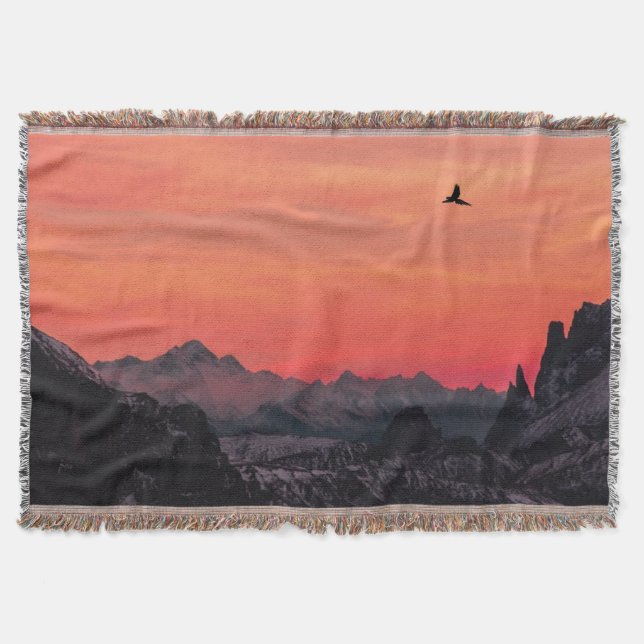 Mountains Orange Sunset Bird in Sky Throw Blanket (Front)
