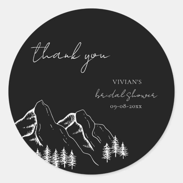 Mountains Pine Tree Black Bridal Shower Thank You Classic Round Sticker (Front)