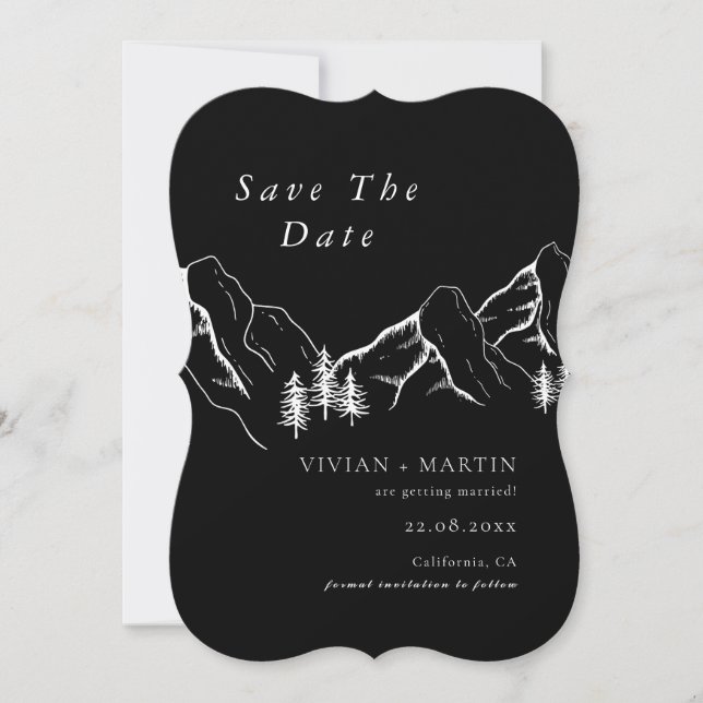 Mountains Pine Tree Black Photo Save The Date Invitation (Front)